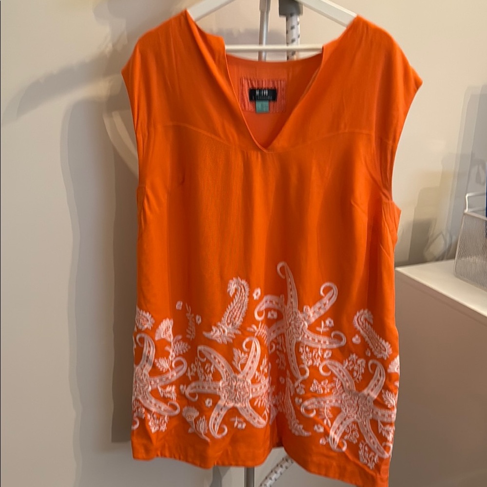 Maeve Orange Sleeveless Tunic Dress with White Embroidered Starfish Pattern